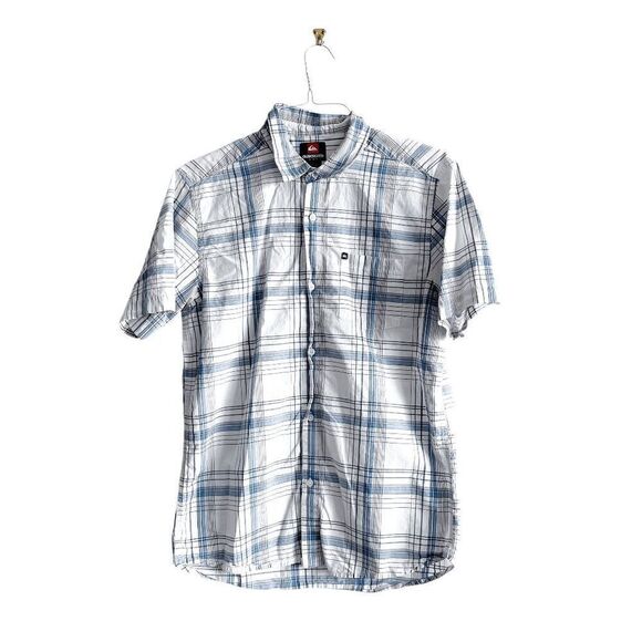Quiksilver Mens Plaid Short Sleeve Button Down Shirt Blue White Medium - Picture 1 of 6